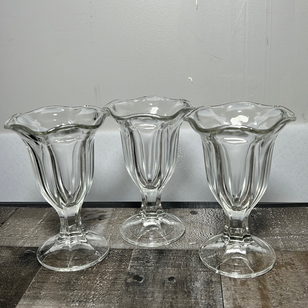 Vintage Clear Glass Soda Shop Pedestal Sundae Dishes Set of Three